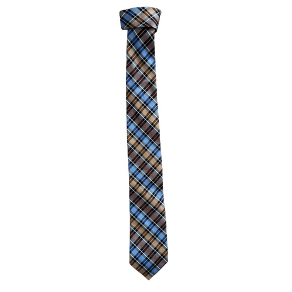 Joseph & Feiss International 100% Silk Earth Tone Brown Blue Plaid Men Neck Tie - Picture 2 of 11